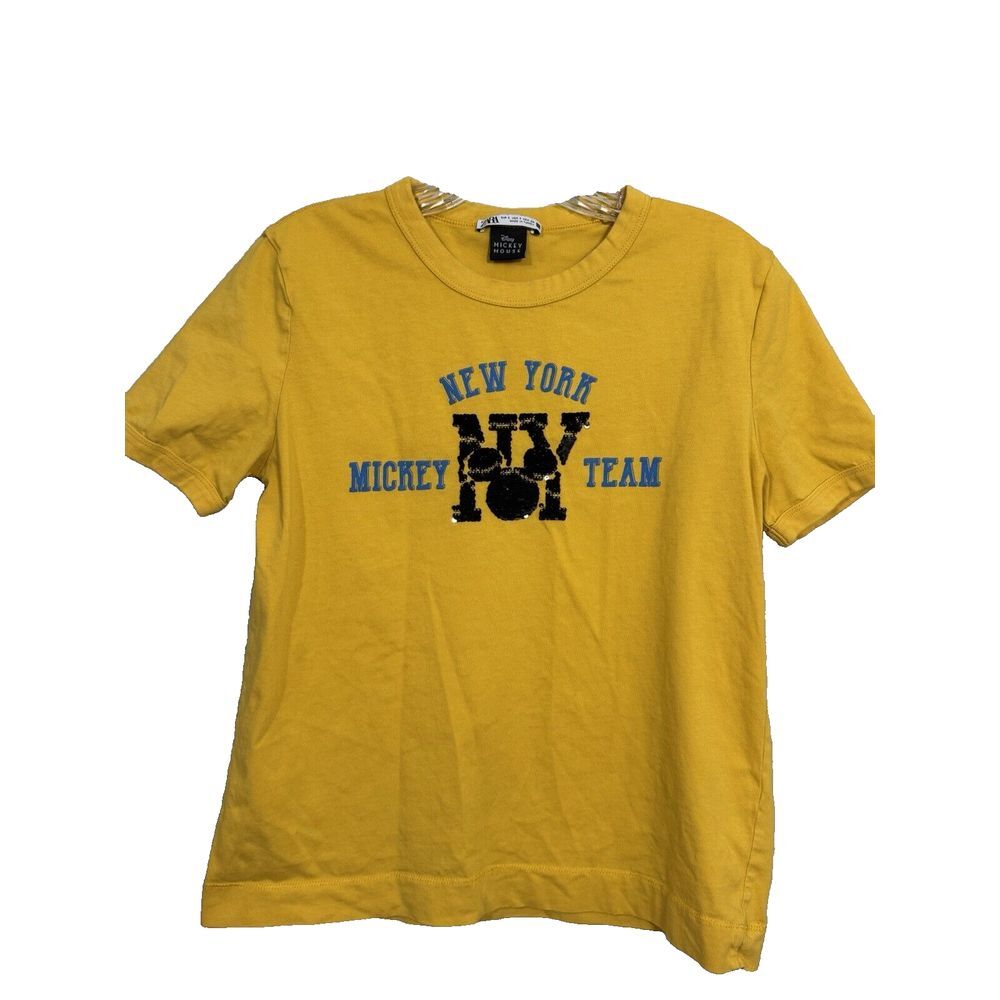 Zara Disney Mickey Mouse New York Team Sequin Graphic T-Shirt Mustard Yellow S